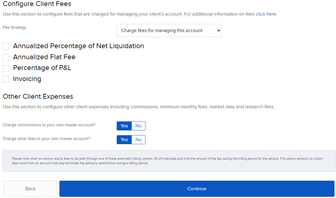 The configure client fees panel in the application process. 